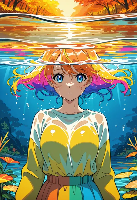 masterpiece, best quality, autumn outfit, colorful hair, outdoor,upper body, colorful autumnal clothes, ((fully clothed)), warm clothes, wet clothes, soaked, drenched, wet hair, wet and slimy, water up to her chest, submerged, translucent, fantasy environm...
