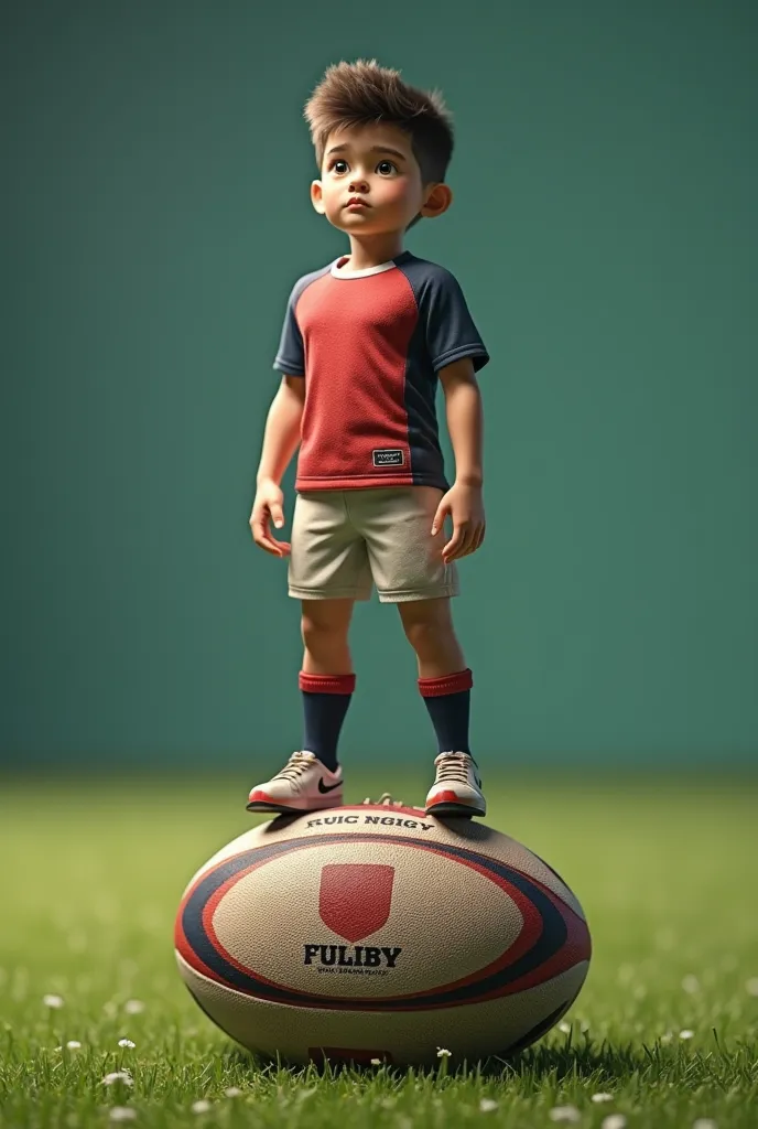 Rugby ball with young player standing on top