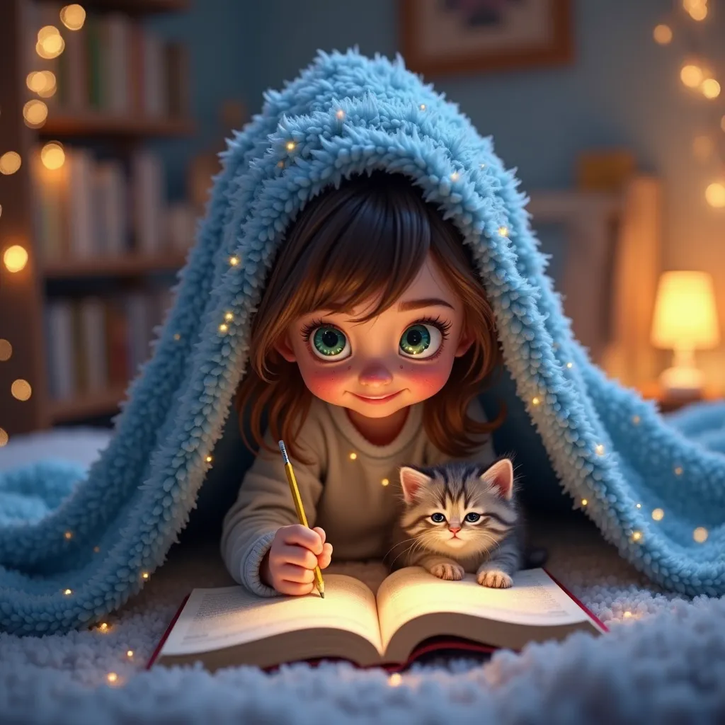 A cute, Pixar-style girl with big sparkling green eyes, long silky brown hair, and rosy cheeks, and freckles sits under a soft, starry blue blanket, creating a cozy tent-like space. She has fluffy, slightly messy dark brown hair and a warm, joyful expressi...