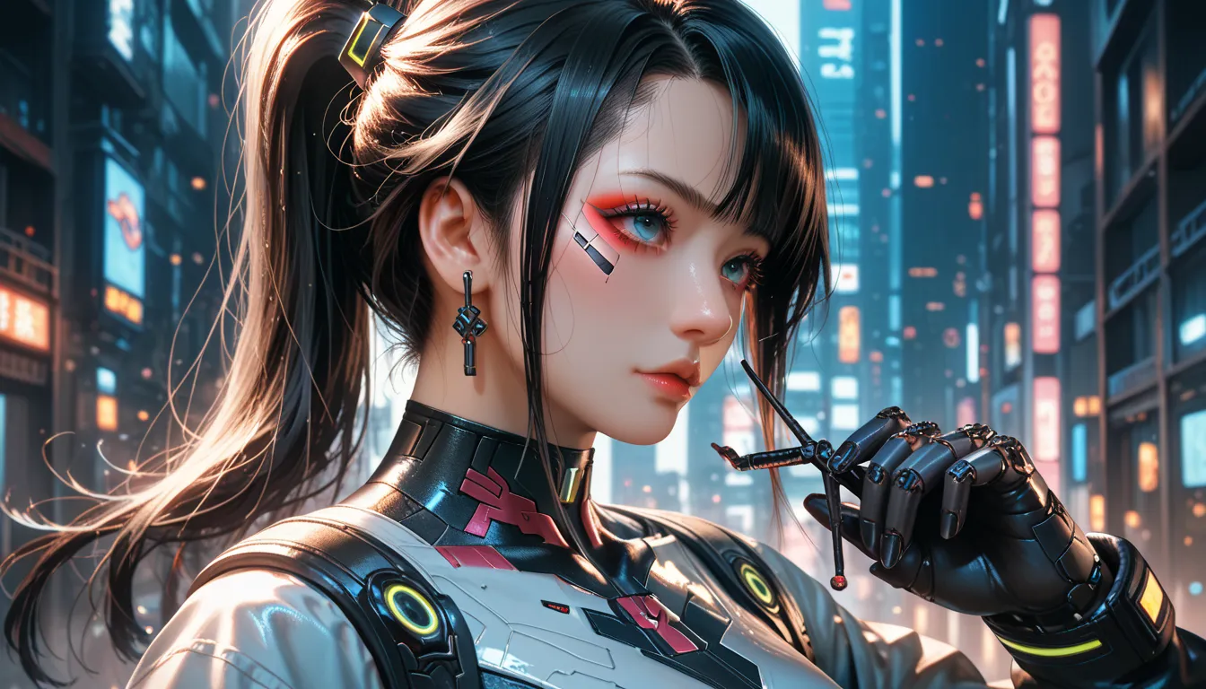 1 high school girl, battle suit,ponytail,Japanese,cyberpunk,Exquisite face,Normal hand,high quality,black hair,