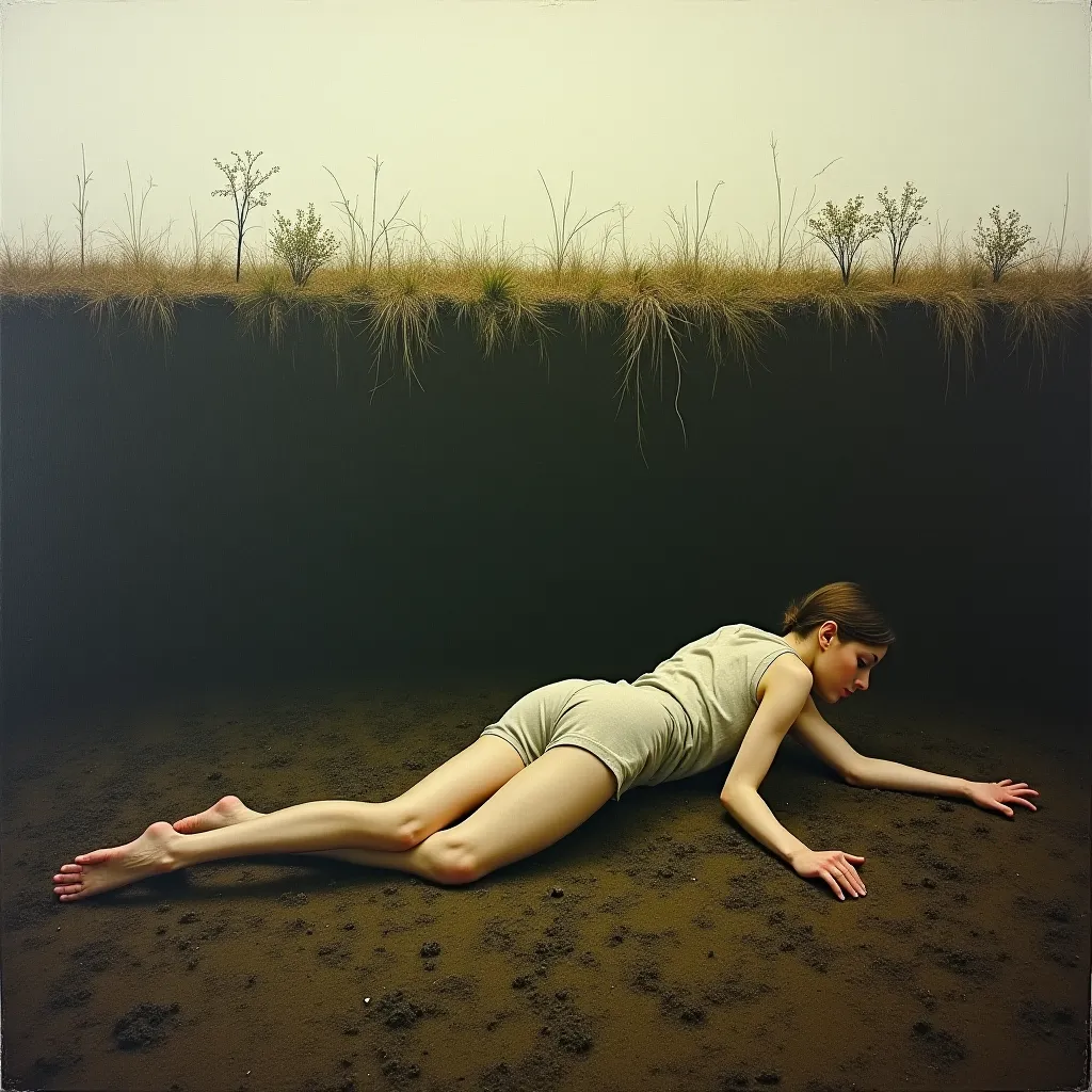 the painting is divided into two horizontal parts, in the lower part a woman lies horizontally in horror in the covered earth, in the upper part above her is the surface level with bushes and grass, fog, design by Jan Svankmajer and H.R. Giger