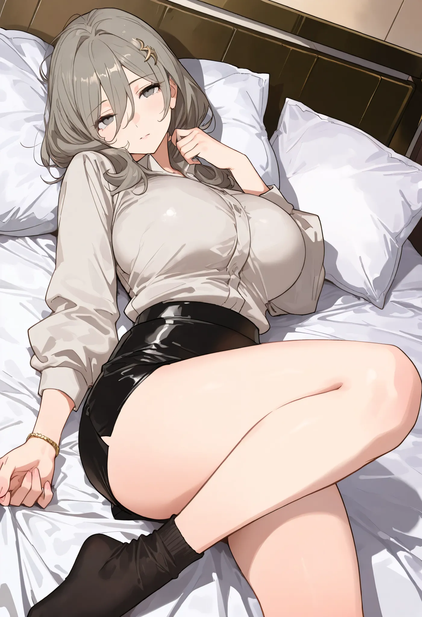 (best quality:1.3), ( masterpiece:1.3), ( dynamic angle:1.2), (sup  er detailed:1.3),  mature woman ，lying on the bed，Watching you, Short,   long_hair,   grey_ eyes, ,   long_sleeve, skirt,   black_skirt, pleexisted_skirt, indoor, hand_up  , ten_shape_   o...