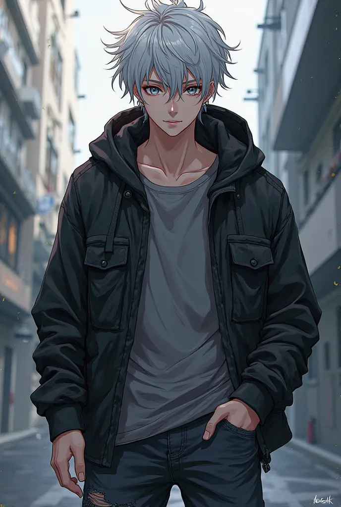 A young man between twenties  with messy white hair and Grey eyes. He wears a black hooded jacket with a grey shirt and one-legged jeans. Anime