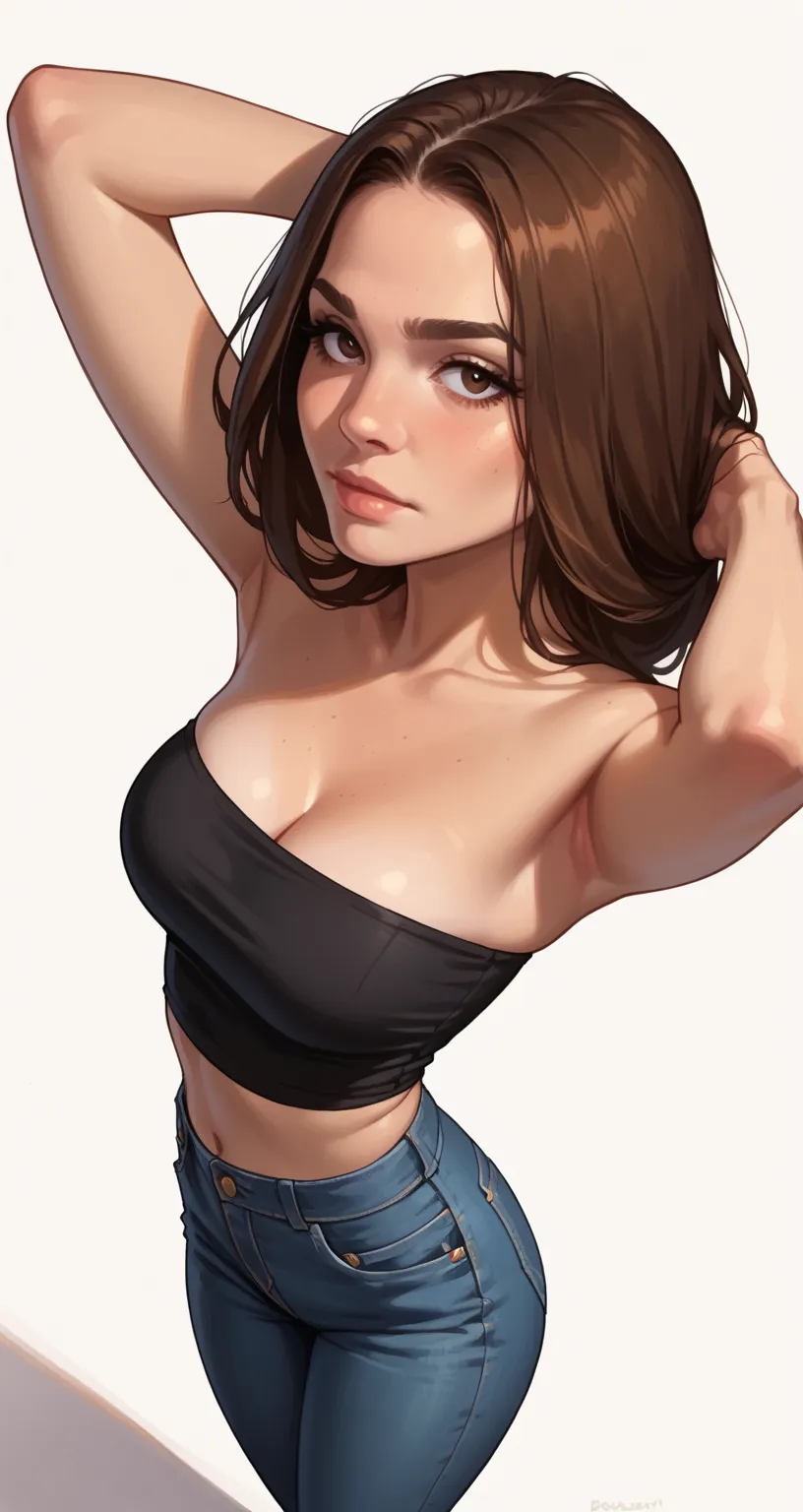 score_9, score_8_above, score_7_above, cartoon of a girl, Alone, Sensual, rascal, brown eyes,  brown hair, straight hair, jeans, black tube top ,  cleavage,  medium breasted, wide-hipped, thighs, hands behind the head, standing, white background