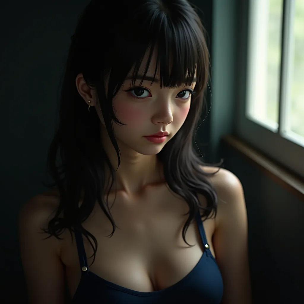 It's like shooting with a single-lens reflex camera、cute Japanese girl half up、small breasts、Navy blue bra、natural light、Dark room 、female high school student