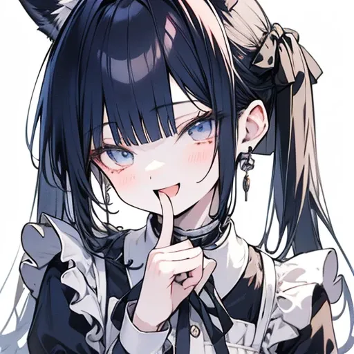 Bust-up image of the cheerful maid character Mei' , wears long classic black and white maid clothes 。. She has dark blue hair that reaches her shoulders, pale blue eyes, and、happy smile.  she is in a cute heart pose with her fingers close to her face,  no ...