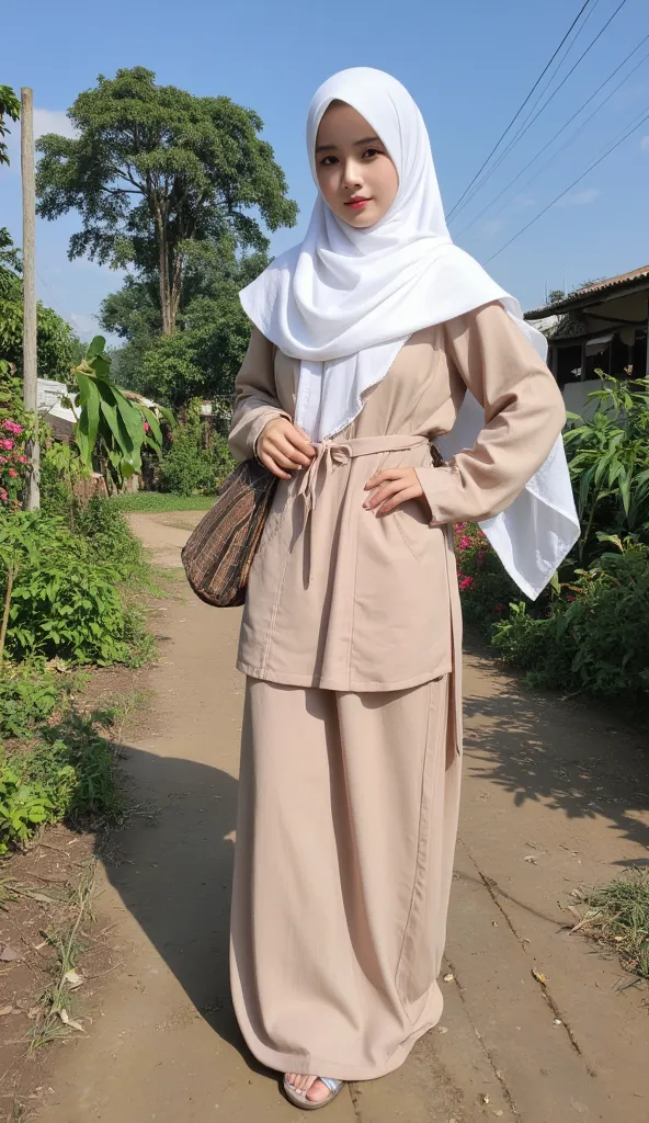 A beautiful young woman. wearing Light brown Islamic syar'i clothes. And wearing a white hijab.And wearing silver sandals,  She has a sexy body, and tight breasts.He was in a poor, but beautiful village. Beside it there are many poor houses with flowers an...