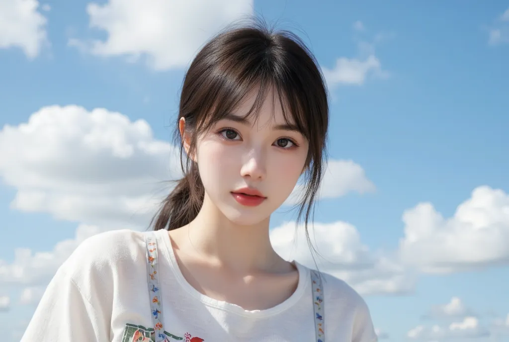 Realism，retro wide-angle flash portrait，blue sky and white clouds，Japanese country-style，JK Girl， full of vitality， full of vitality 。full bangs，Hideaki Kakita