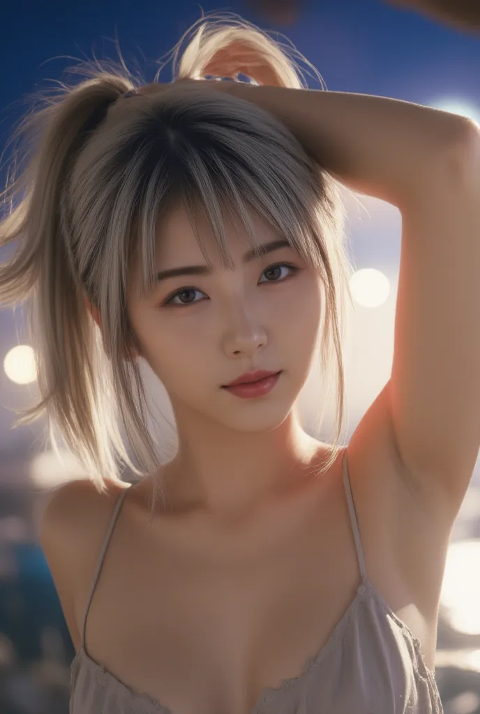  Realistic image of a young woman with lustrous hair , The slightly disheveled gray hair ,  ponytail hair、 Her expression is warm and bright,  kindsmileで.  micro bikini while stretching my arms upward、The image has a slightly illustrative texture ,   reali...