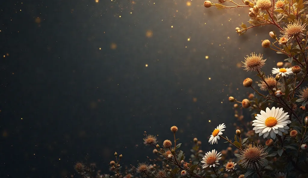 Cinematic and realistic scene with a frame bordered with flowers on the right and bottom of the image, Leave the top and left parts free of elements. black色であるべきです,  grey, And gold gradient. Minimalist image(photorealism:1.2) high resolution, like the movi...