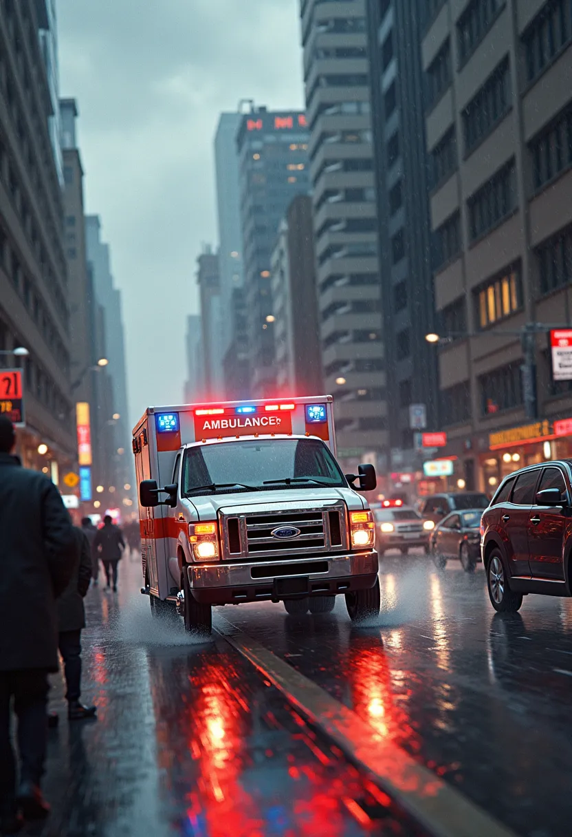 ambulance, emergency vehicle, rushing, sirens blaring, flashing lights, traffic clearing, people reacting, city street, urban landscape, stormy clouds, rainy atmosphere, cinematic lighting, dramatic composition, digital art, photorealistic, 8K, HDR, physic...