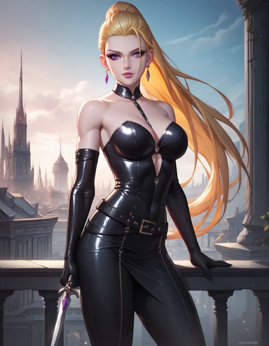 female black strapless latex dress, black long tight pants, black belt, racerback, bare shoulders, long elbow gloves, black gloves, toned arms, beautiful faces, yellow ponytail with showing forehead, long ponytail, earrings, soft smooth skin, pale skin, ci...