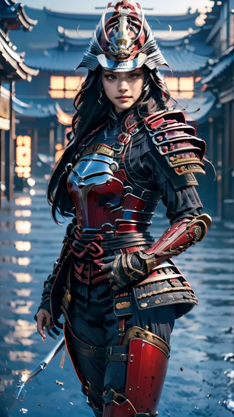  super realistic, Elaborate, high resolution (16k) 先端的なデザインの Japanese beautiful girl の画像,  Japanese Samurai Armor  (Armor). Samurai armor has traditional elements of red and black armor、伝統的な戦国時代のred鎧 

女性は剛健な,facing diagonally,  intimidating poses, staring...