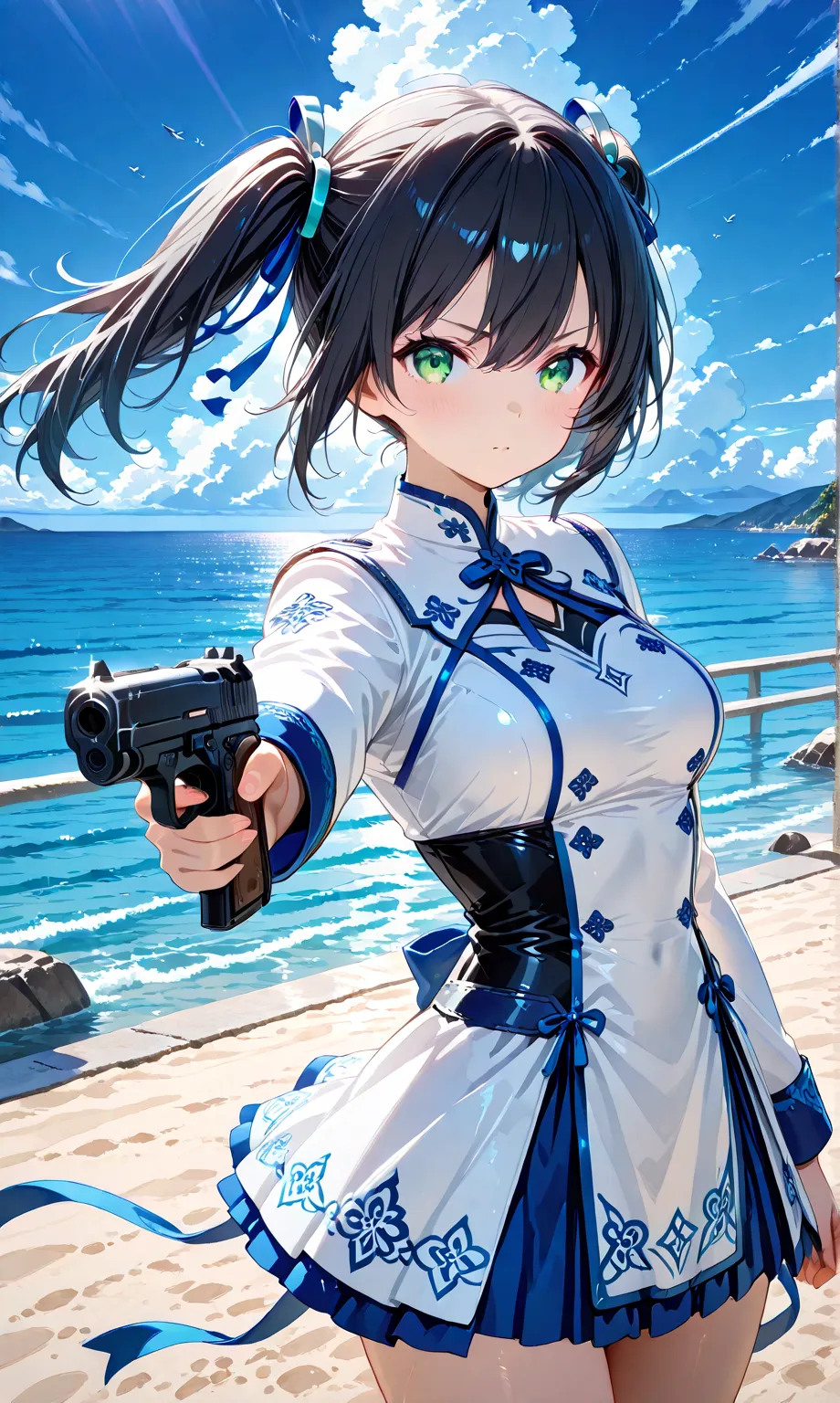 Large、bullets surround her、A girl with jet-black twin tails tied with ribbons, in a white qipao with blue trim, gripping a pistol, opponent’s bullets surrounding her in slow motion, locked mid-air on a frozen tundra under aurora lights.

