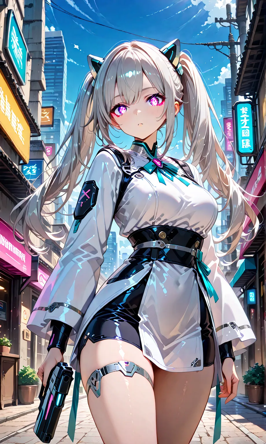 Large、bullets surround her、Bullets surround her in slow motion, an unyielding swarm locked in a cinematic pause, framing her intensity. A girl with jet-black twin tails tied with ribbons, clad in a teal qipao with silver accents, wields a pistol with confi...