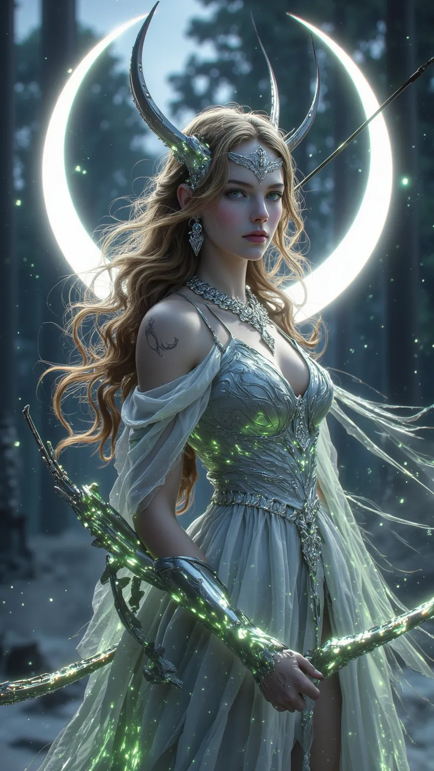 Describe Artemis, the Goddess of the Hunt, Wilderness, and the Moon in Greek mythology. She is a fierce and untamed figure of ethereal beauty, with pale skin that glows faintly like moonlight and piercing silver eyes that see through the darkest forests. H...