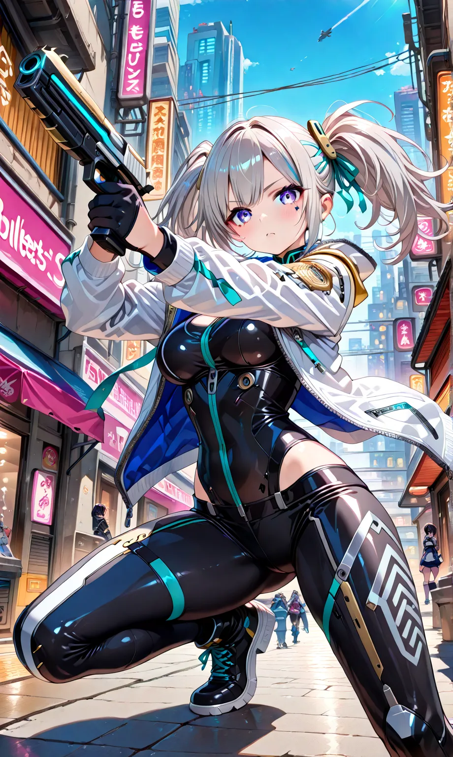 ((Large、bullets surround her:1.3))、A girl with jet-black twin tails tied with ribbons, clad in a teal qipao with silver accents, wielding a pistol, opponent’s bullets surrounding her in slow motion, suspended in a neon-lit cyberpunk alley.  

