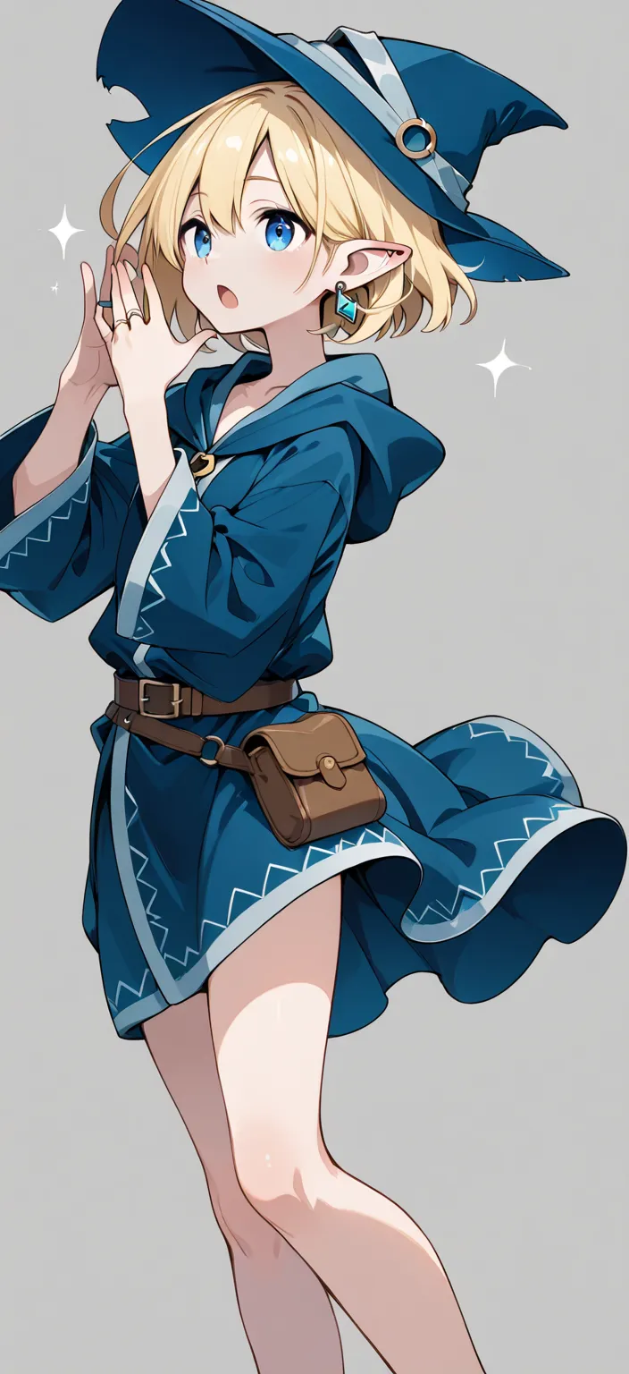  female wizard 　Race Elf　The hairstyle is a short blonde bob　 blue eye　 zitoida　Ear length 　Modest chest　dark blue matte robe　miniskirt　 triangular hat　small earring for the ear as an accessory、ring、Slightly loose waist belt　A small pouch with a spellbook ...