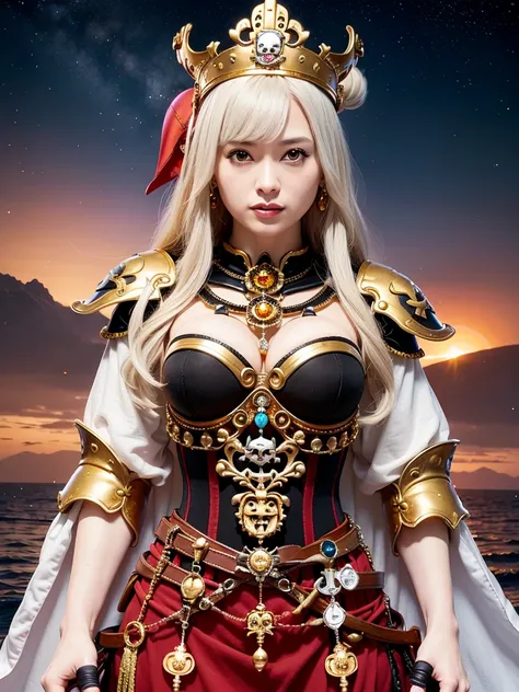 (masutepiece), Professional , ​masterpiece、top-quality、photos realistic ,  （Gemstone Silver Metal Body:1.９),(Matte White、（Put on a pirate hat）、Jewel Gold Weapon（Jewel Metal Body:1.４),Gorgeous metal weapons , Detailed Sword of the Brave , Beautiful knife   ...