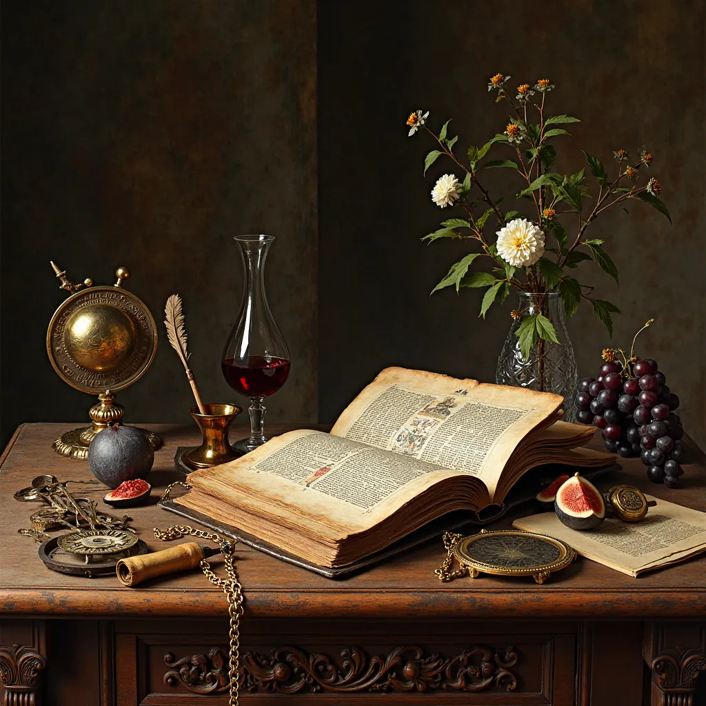 Still life in a near-casual style inspired by the Renaissance. On a massive wooden table with ornate carvings, objects symbolizing the knowledge, art and wealth of the era are arranged. In the center is an ancient folio with gilded page edges, unfolded in ...