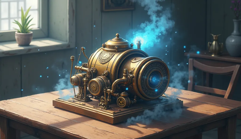 Imagine a small, strange machine placed gently on a wooden table, its compact design filled with intricate details. The machine is made of brass, copper, and silver, with tiny gears and delicate pipes visible on its surface. Soft blue light pulses from wit...