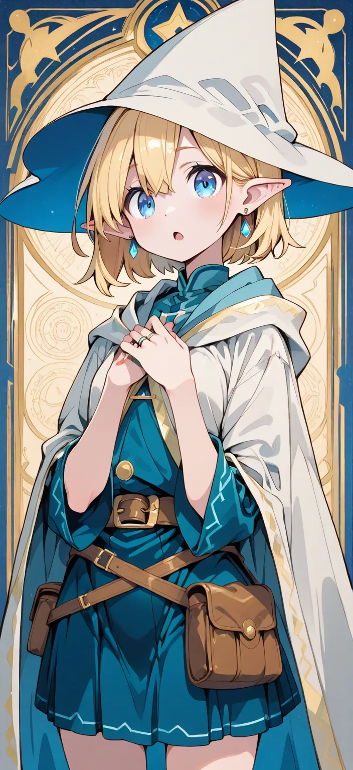  female wizard 　Race Elf　The hairstyle is a short blonde bob　 blue eye　 zitoida　Ear length 　Modest chest　dark blue matte robe　miniskirt　 triangular hat　small earring for the ear as an accessory、ring、Slightly loose waist belt　Tiny Pouch Spell Book　Singing　b...