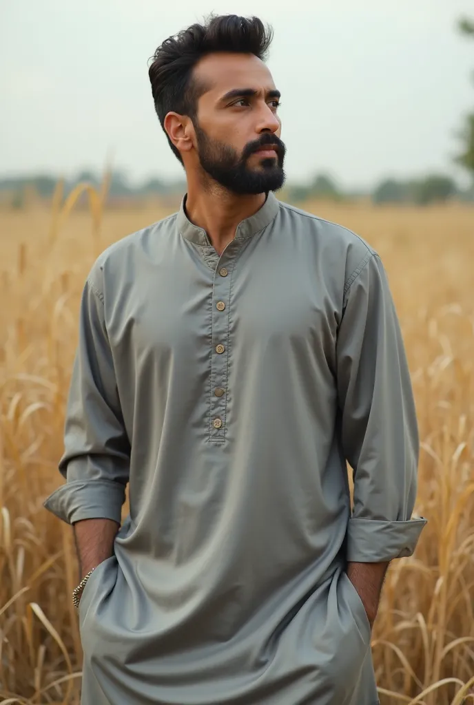 arafed man in a gray shirt standing in a field, a picture inspired by Amir Zand, pexels, hurufiyya, wearing a kurta, kyza saleem, traditional clothes, khyzyl saleem, full body picture, wearing a silk kurta, handsome man, profile picture 1024px, * colour sp...