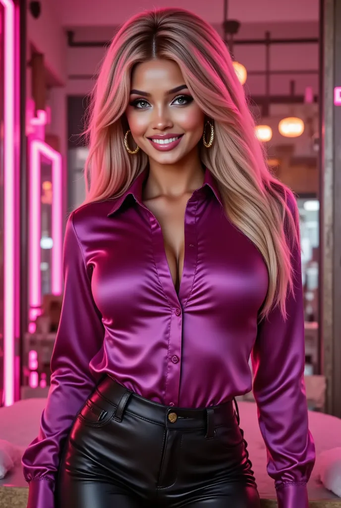 happy arafed woman with a perfect smile in a pink shirt and black pants posing for a picture, 8 k sensual lighting, pink shirt, pink vibe, satin, high - end fashion photoshoot, wearing a blouse, with soft pink colors, pink, beautiful, magenta shirt, alluri...