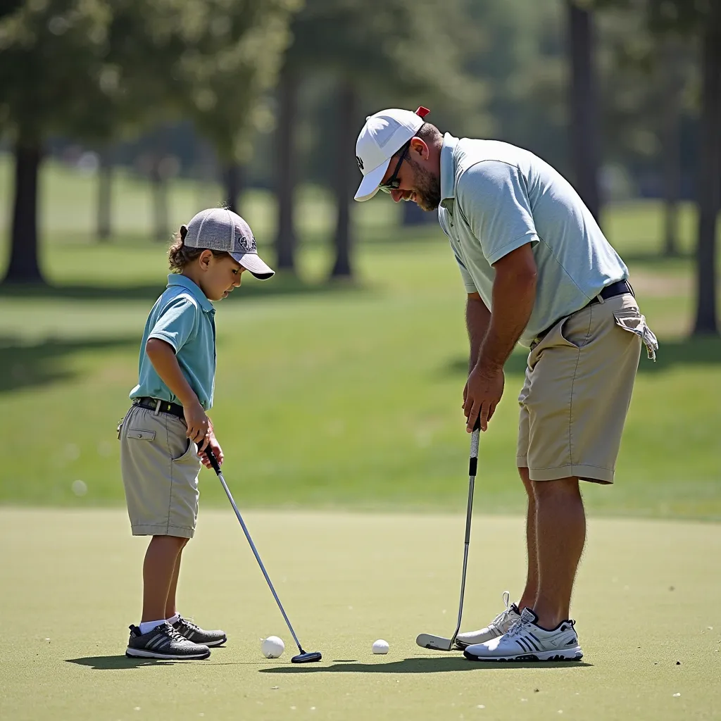 A dad trying to teach his s how to putt but accidentally knocking over the hole flag instead: A dad, in a polo shirt and khaki shorts, trying to guide his ’s putting technique, but as he demonstrates, his swing knocks over the flag, causing everyone to lau...