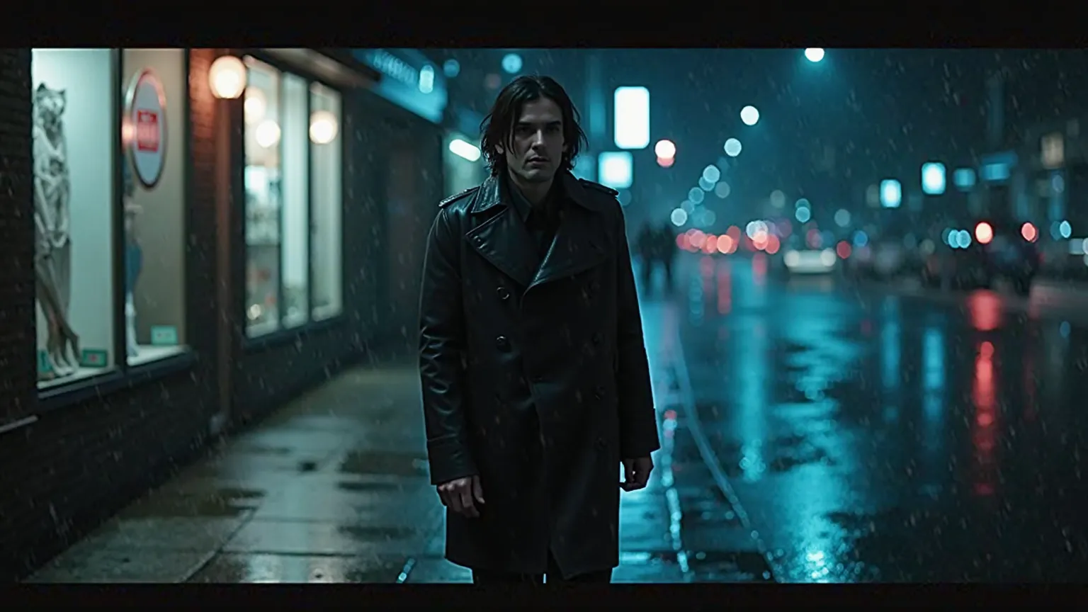 Cinematic neo-noir music video for the song "Broken" depeche mode. The main character is a 30-35 year old man, thin face with pronounced cheekbones, dark shoulder length hair, pale skin,  cold look , wearing a black leather coat. A dark rainy night in town...