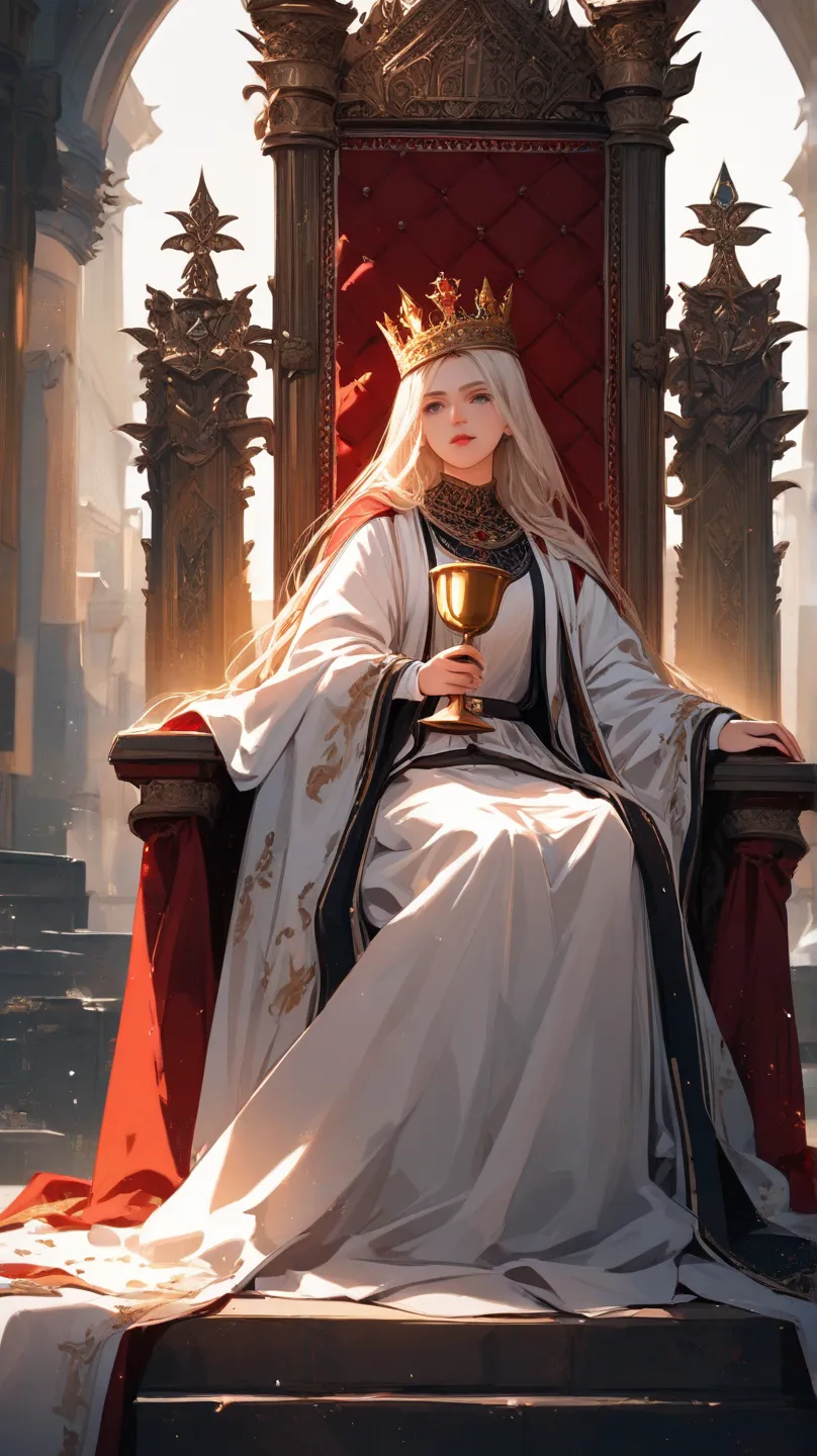 A queen wearing a white robe and holding a magnificent chalice sits on a throne, A crown, Waterside Throne, middle ages,