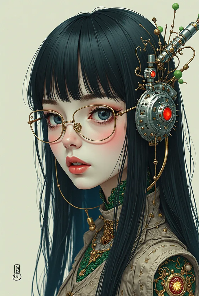 8k, illustration, a young girl with a long, beautiful face who has a little bit of everything, straight hair, transparent glasses, full body, surrealism, fantasy, robots, mechanical vegetable, creepy, horror, sharp focus, robotic, surreal, intricate, fanta...