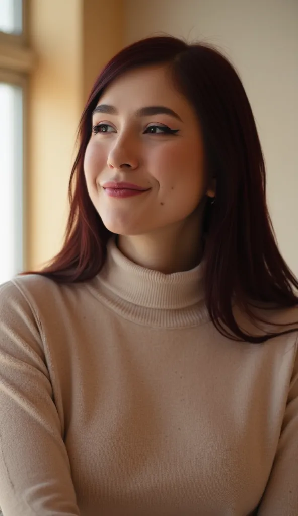 portrait of d14n4z4mbr0zu5k1 woman, posing on a office, serene and warm, natural lighting, soft focus, high-resolution, elegant and introspective atmosphere, quiet sophistication, wearing a turtleneck yarn blouse, slight smile

