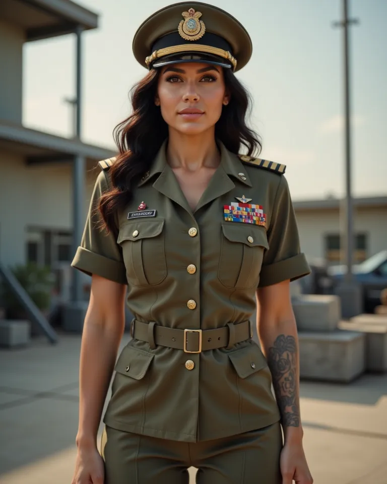 Femme de 40 ans, brune, mince, bimbo, grosse poitrine, corps entier, fit girl, dans une base militaire, haut-gradé militaire, médailles militaire, képi de générale, tatouage bras droits, peau naturelle, (uhd, réaliste, haute résolutions, photographie)