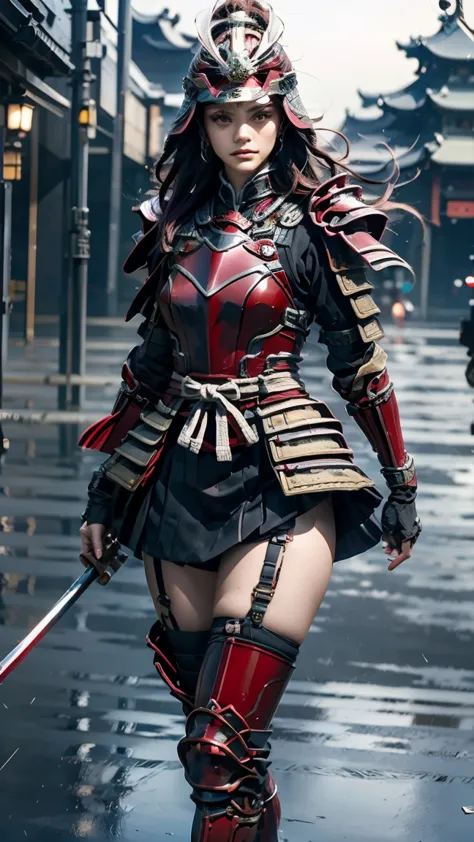  super realistic, Elaborate, high resolution (16k) 先端的なデザインの Japanese beautiful girl の画像,  Japanese Samurai Armor  (Armor). Samurai armor has traditional elements of red and black armor、伝統的な戦国時代のred鎧 

女性は剛健な,facing diagonally,  intimidating poses, staring...