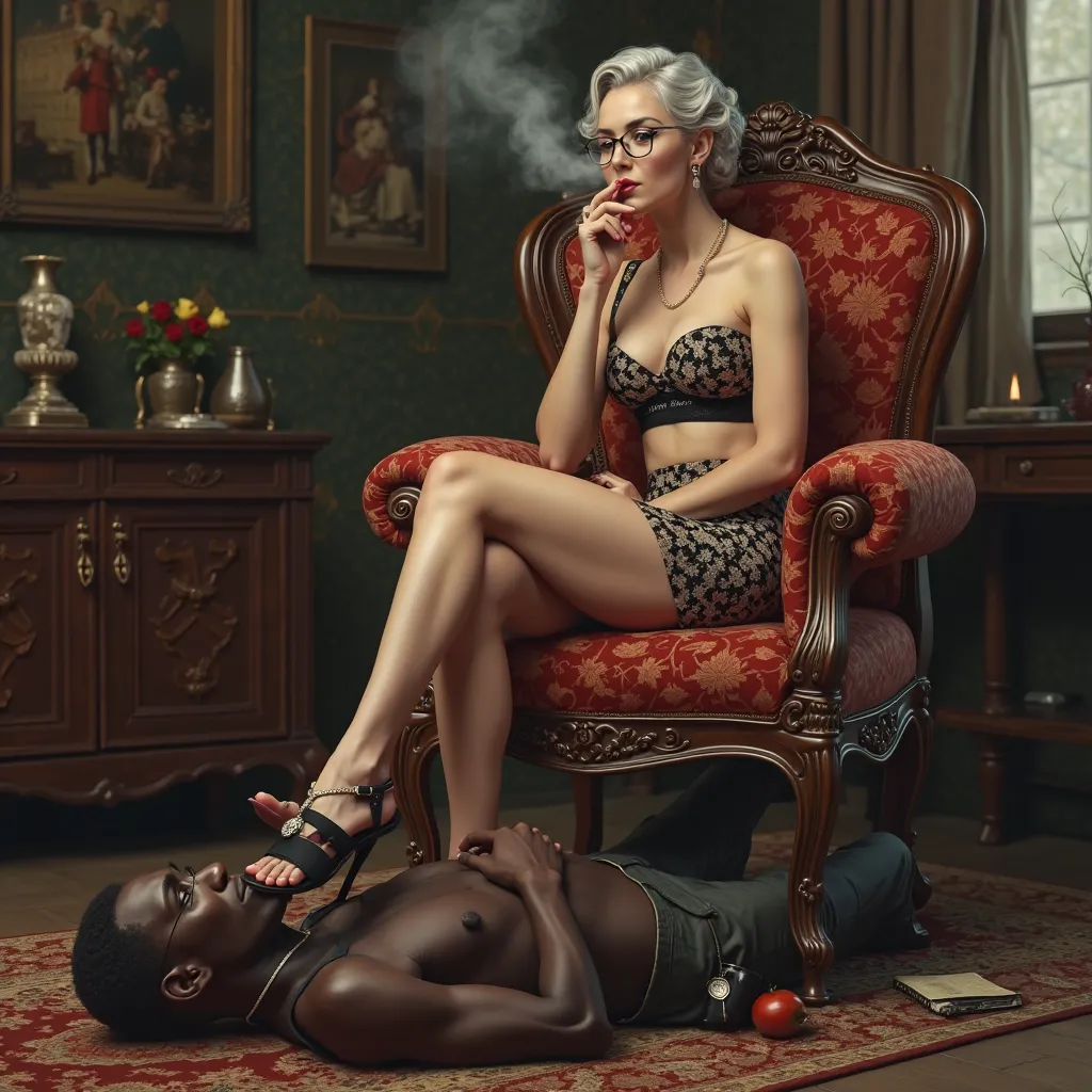 a german woman,  silver hair, Millionaire, elegant,  dressed in a luxurious printed mini skirt  , high-heeled sandals, glasses, She sits on a luxurious throne , Smoking while resting with one foot on the head of an African servant. The African servant lies...