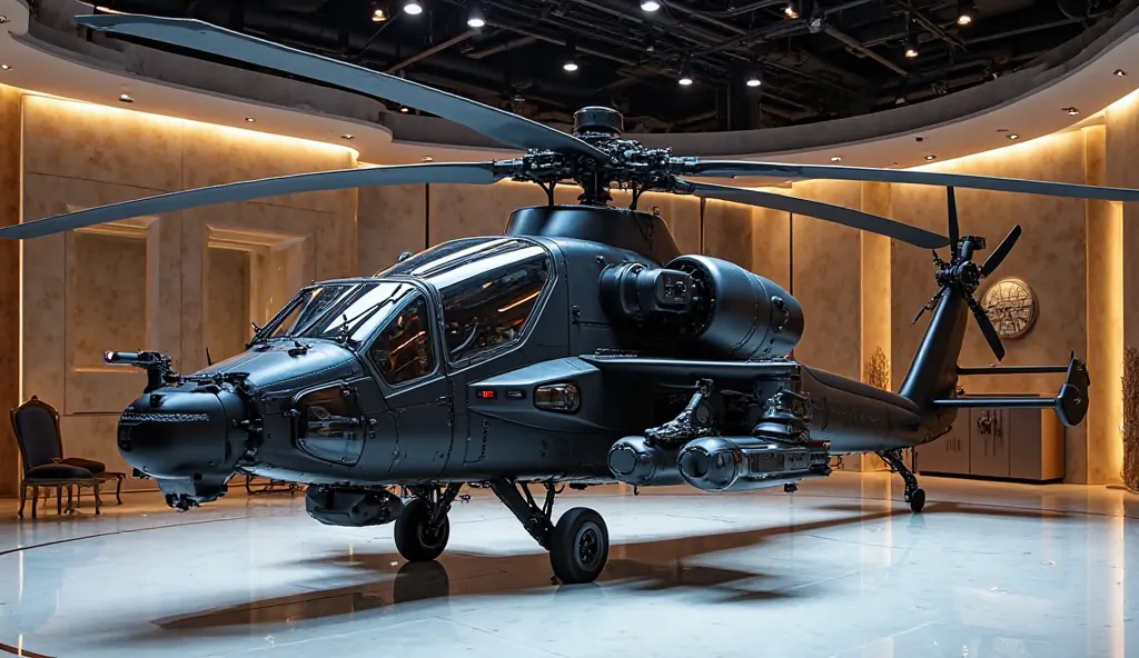 Full  view AH 64 apache Helicopter   luxury showroom ho color black ho interior view 2025