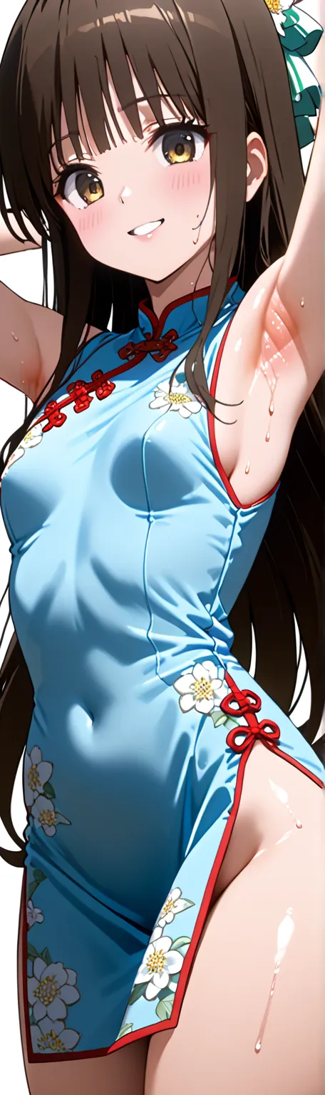 (top quality、greatest masterpiece、detailed、4K)、One Woman、、brown hair、long hair、((( Yukori Mitsugi)))、 flat chest、(qipao)、(beautiful thighs)、(beautiful side)、sweaty、(( super embarrassing))、smile、(((Armpit Zoom)))