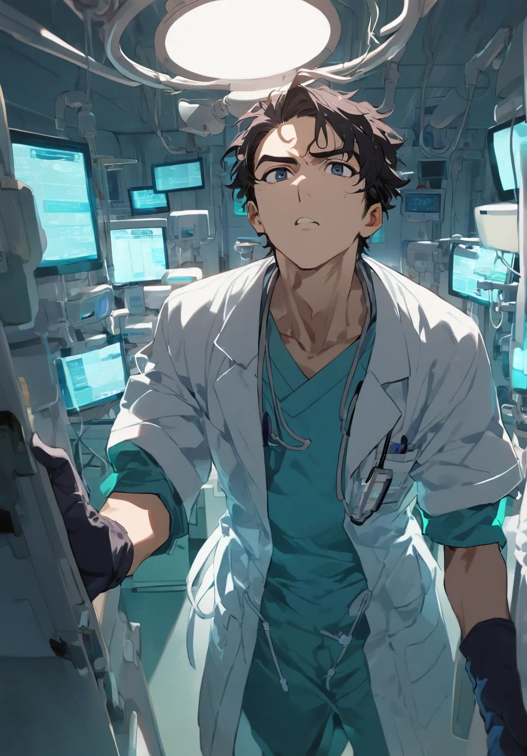 1boy, anime-style, handsome male doctor, performing surgery, intense and focused expression, surgical mask, gloves, scrubs, operating room, bright surgical lights, medical equipment, monitors,  dramatic lighting, patient's perspective, looking up at doctor...