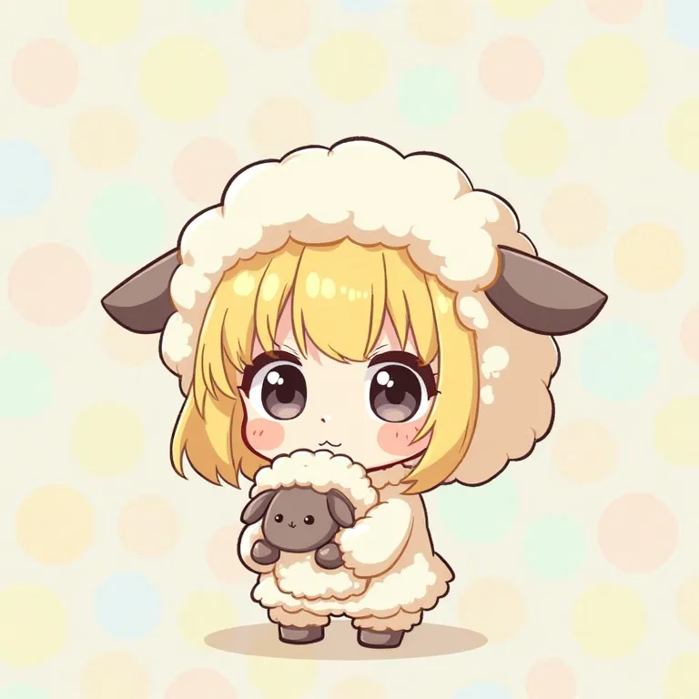 Figure wearing a sheep costume 🐑, Yellow hair bob cut shoulder length、Black Eye , illustration for both eyes,  cute cute cute , background is rainbow soap bubbles、nyaruko-san,  chibi!!!  Neferpitot,  chibi,  maple story, 、 chibi,    senko-sa  , kawaii  chi...