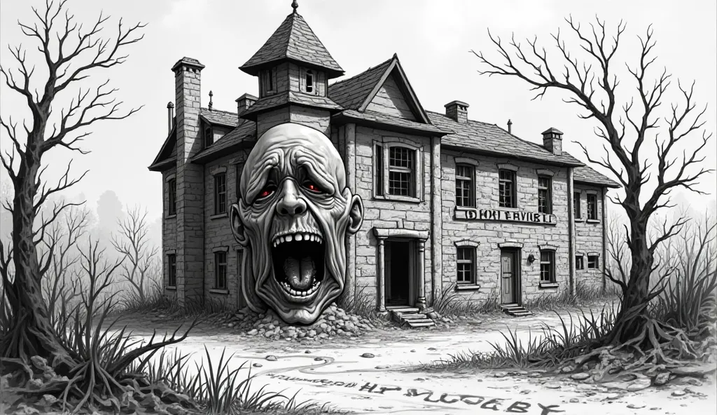 Caricature of a creepy mental hospital in black and white.  Avec un panneau écrit dessus HP YOUTEUBE 