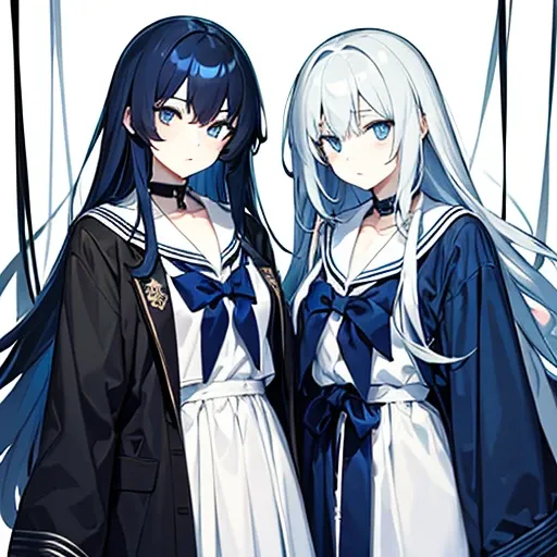 Dark blue eyes, dark blue hair, straight long hair, theme color is black, pale, white skin, sailor suit, beautiful, female, manly look, hanging, cool face