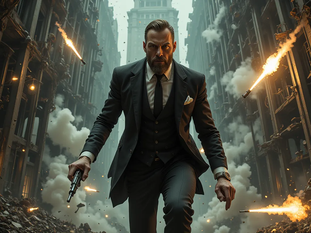  three-piece suit , Beard man , looks like Sebas in Overlord, Avoid the bullets like in The Matrix, war sets in a building, 