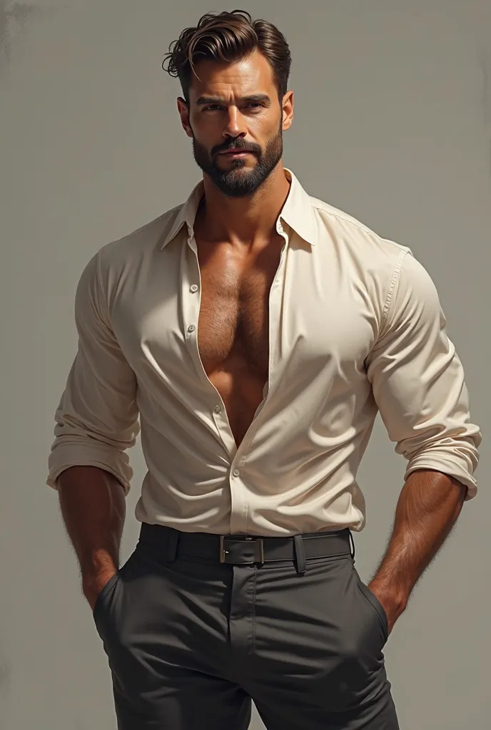 Muscular and really really Hot 45 year old man in ( Silk and tight satin shirt and pants ) with beards and mustache 