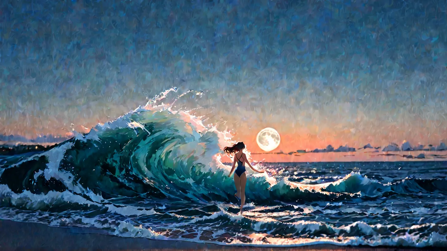 pretty girl, beautiful girl, Swimsuit, Seaside, full moon night,  sandy beach,  on the edge of the waves, Wave Splash,  Soft Light , fascinating, High Precision, 8k, Professional, high quality, HDR, Fine Texture, Vivid Colors