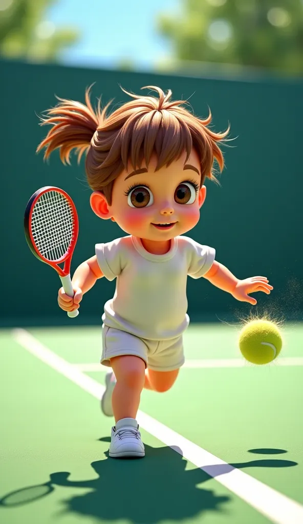 Beautiful cute baby tennis player, anime style, highly detailed face, flowing hair, dynamic tennis player poses, tennis court background, vibrant colors, cinematic lighting, best quality photo-realistic