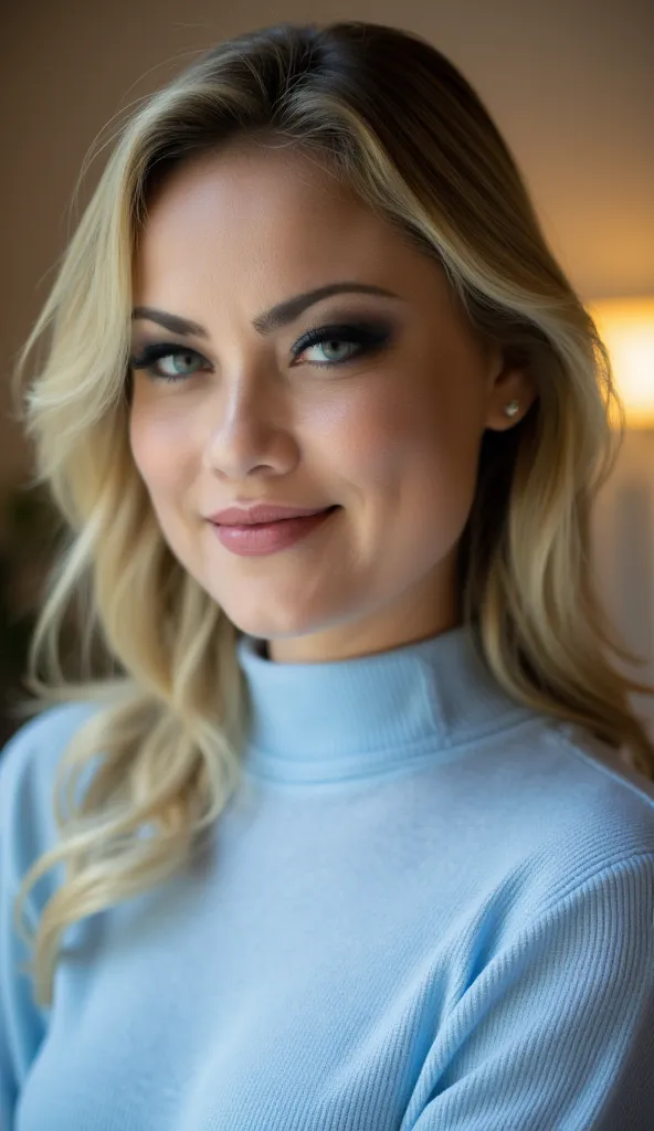 portrait of ell3nr0ch3 woman, posing on a office, serene and warm, natural lighting, soft focus, high-resolution, elegant and introspective atmosphere, quiet sophistication, wearing a light blue turtleneck yarn blouse, slight smile

