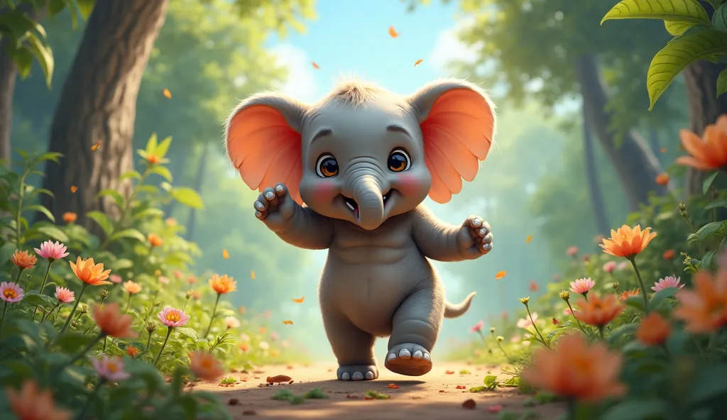 "A cheerful baby elephant dancing joyfully in a vibrant jungle, surrounded by lush green trees, colorful flowers, and a bright blue sky. The jungle feels magical and full of life."