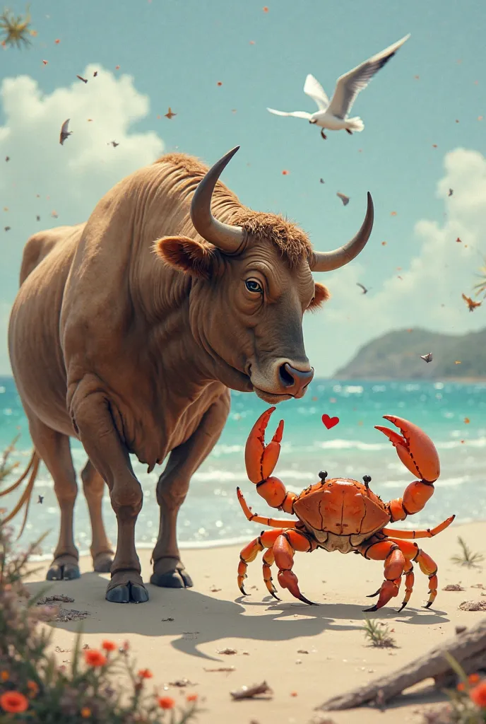 Crab and bull together romantically at the beach 