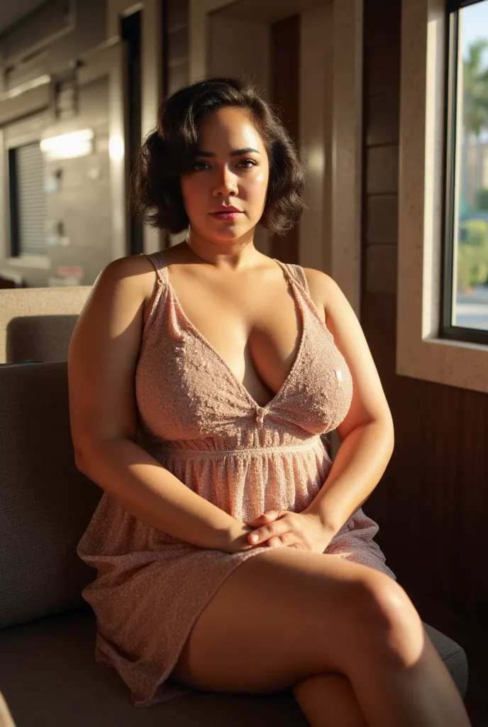 "A mature, voluptuous woman black hair short wavy, sitting elegantly in a sunlit train carriage. She has a confident, sultry gaze and wears a delicate, semi-transparent lace dress that clings to her curvy, big breast, natural figure, subtly revealing her s...